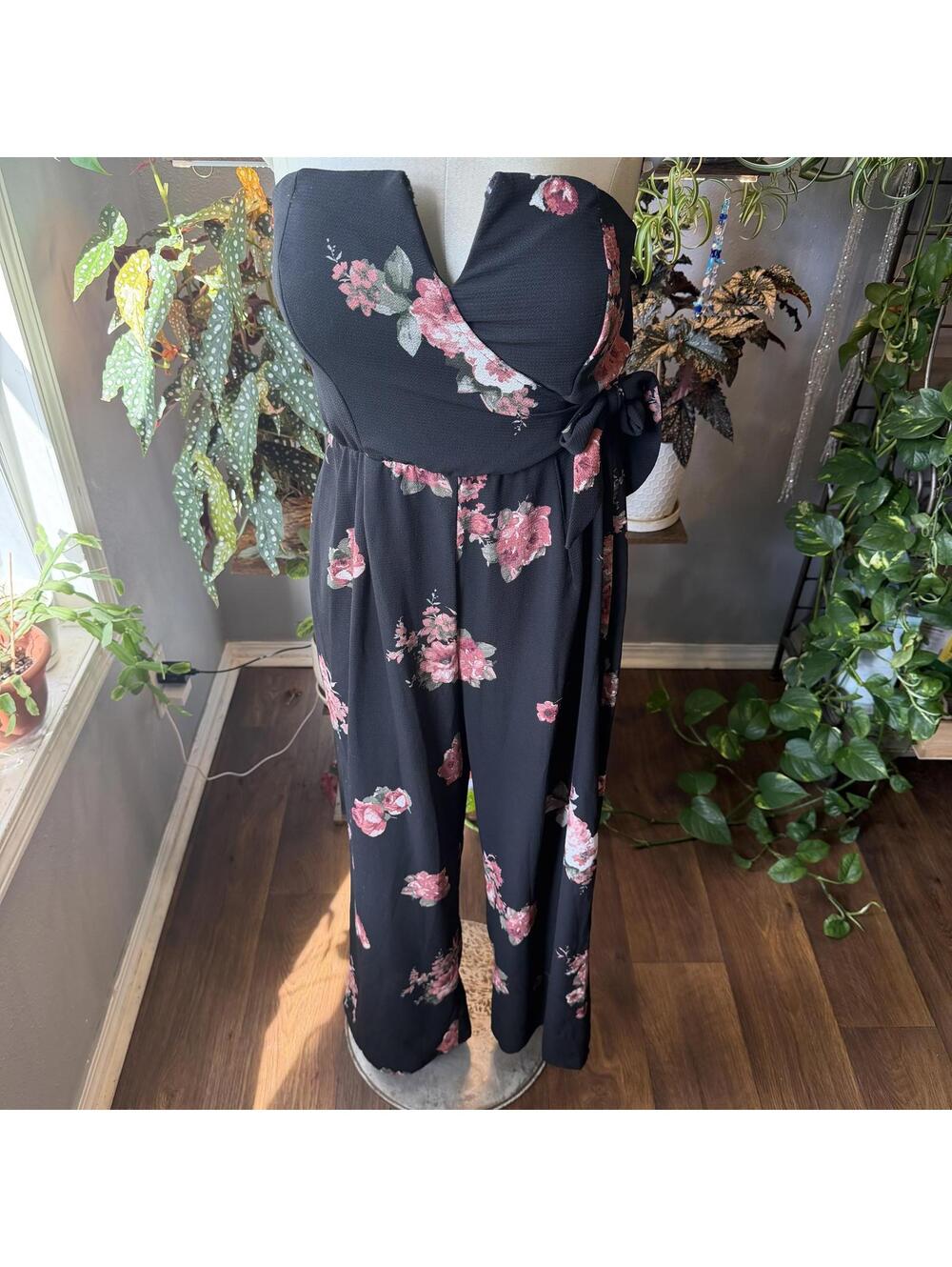 Black Floral Strapless Jumpsuit with Tie Waist